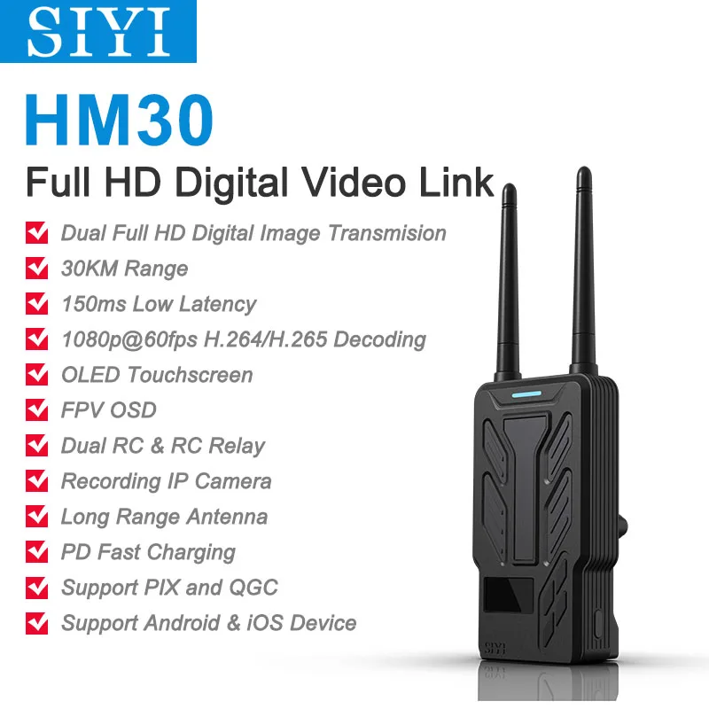 Цифровая Видеосистема SIYI HM30, Full HD, передатчик, дистанционное управление, сенсорный OLED-экран, 1080p, 60 кадров в секунду, 150 мс, FPV, OSD, 30 км