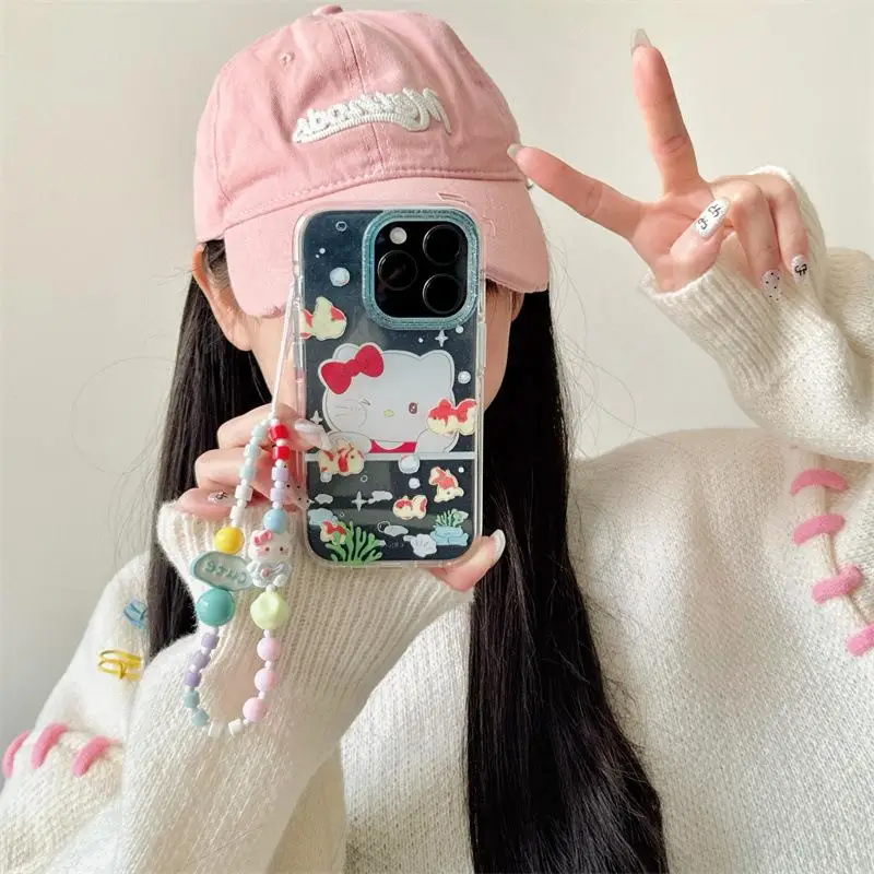 Чехол Hello Kitty для iPhone 16 Pro Max Kawaii Sanrio модная цепочка телефона с милой девушкой