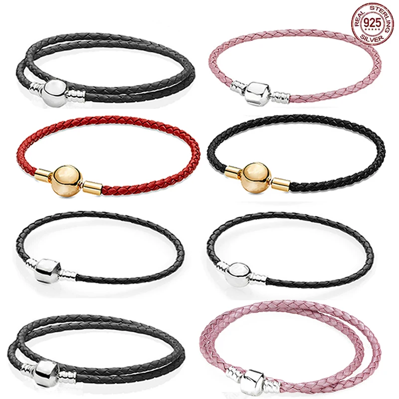 

Small Fresh 925 Sterling Silver Pink Black Leather Charm Bracelet fit Original Design Style DIY Men Women Gifts