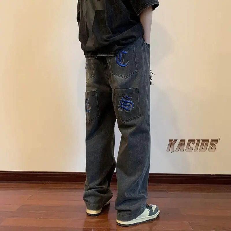 Y2k Emo Men Fashion Streetwear Casual Harajuku Embroidery Letter Hip Hop Jeans Gothic Grunge Trousers Straight Pants Alt Clothes