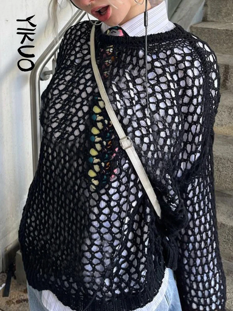 

YIKUO Spring Autumn 2022 Hollow Out Pullover Sweaters Women Solid Simple Korean Fashion Knitted Casual Sweatshirts Jumpers