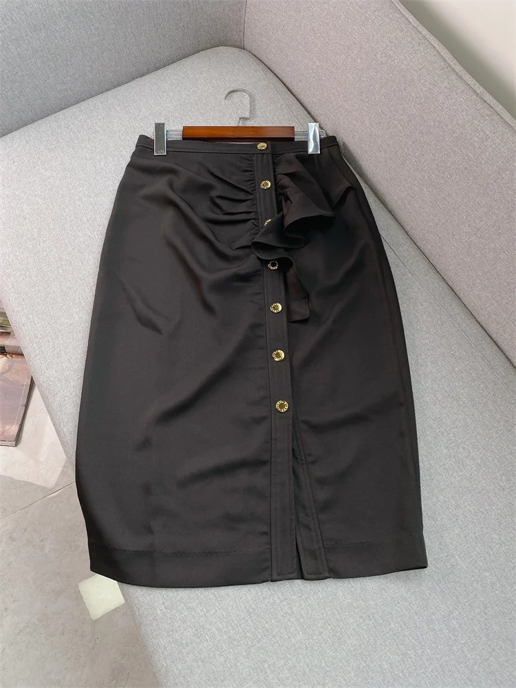 Ruffled Frill Skirt 2022 Autumn New High-waisted Slim Single-breasted Mid-length Bag Hip Skirt Split Skirt High Quality