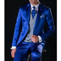 royal blue satin men suits for wedding with gray waistcoat slim fit groom tuxedos male fashion 3 pieces jacketvestpants