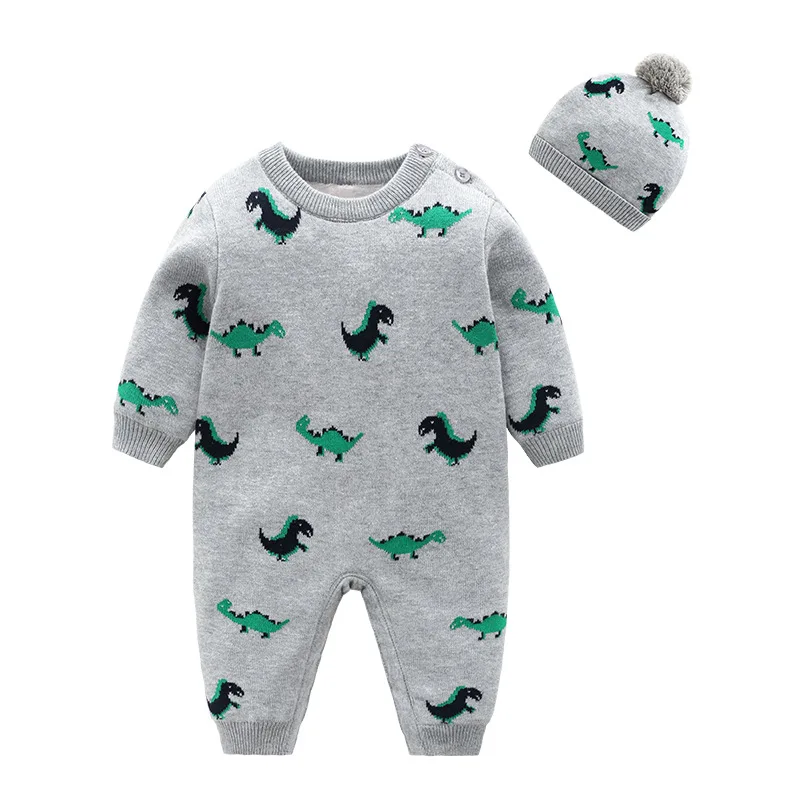 

Winter Baby Rompers Hats Clothes Autumn Casual Grey Long Sleeve Knitted Newborn Boys Girls Dinosaur Jumpsuits Outfits Sets 0-24m