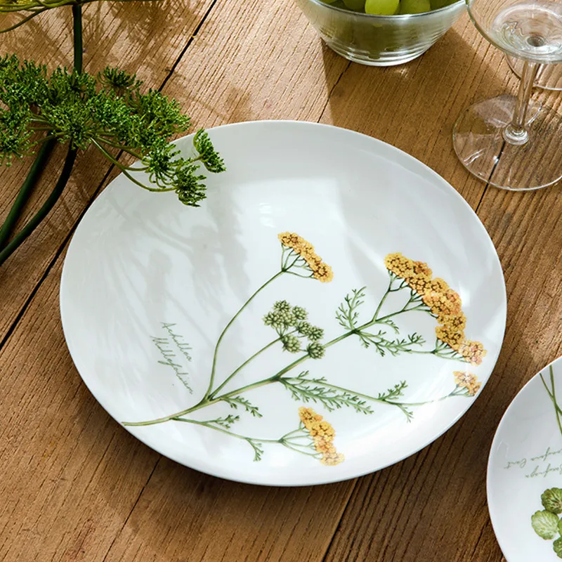 

Nordic plant pattern plate white porcelain dinner plate creative fruit plate steak ceramic dessert plate bone china