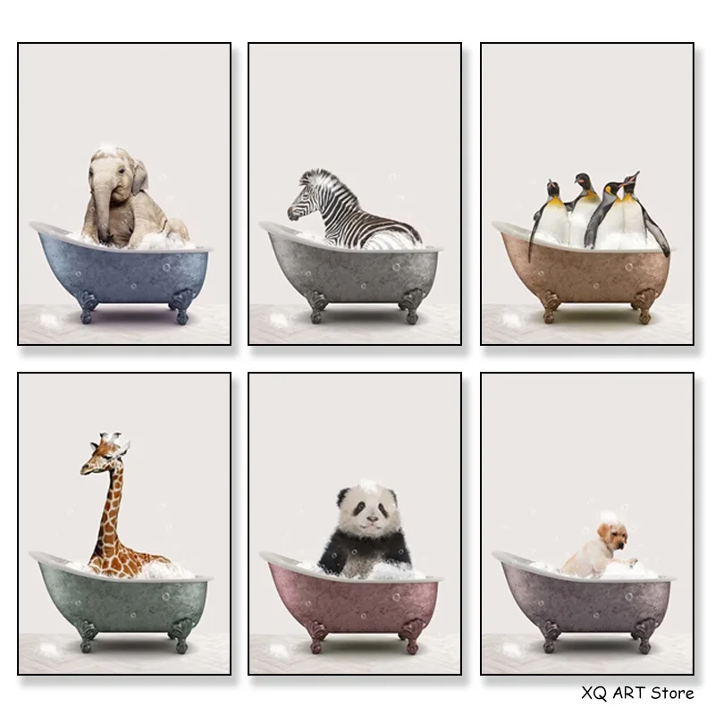 

Animal In Bath Print Elephant Panda Giraffe Penguin Poster Canvas Paintings HD Pictures For Living Room Washroom Decor Frameless