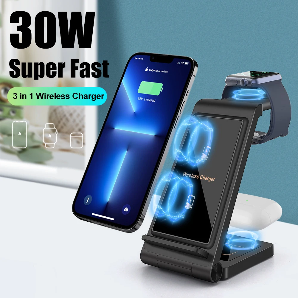 

15W Wireless Charger Stand For Apple Watch 8 6 SE 5 Airpods Pro 3 IN 1 Fast Charging Dock Station For iPhone 14 13 12 11 XR X 8