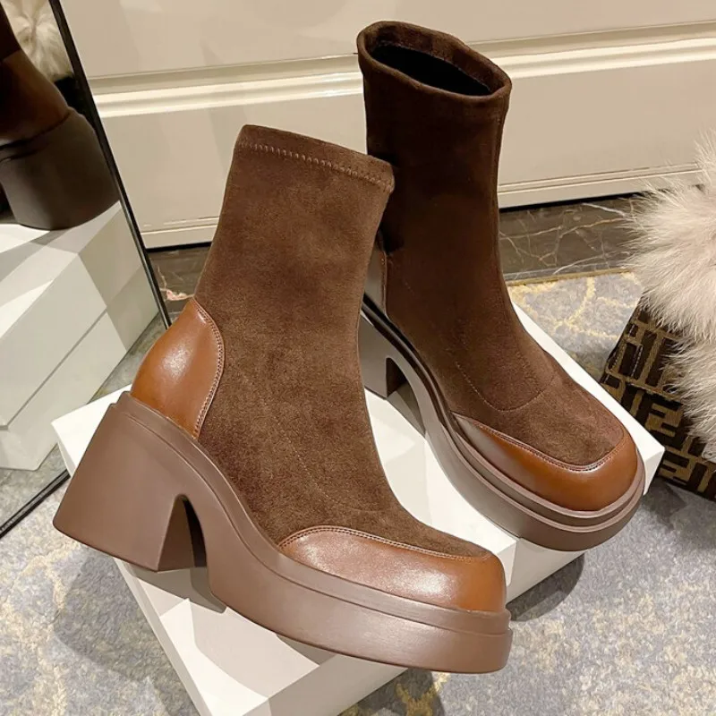 

Winter Women Ankle Boots Chunky High Heels Shoes 2023 New Brand Chelsea Platform Pumps Shoes Designer Goth Motorcycle Snow Botas