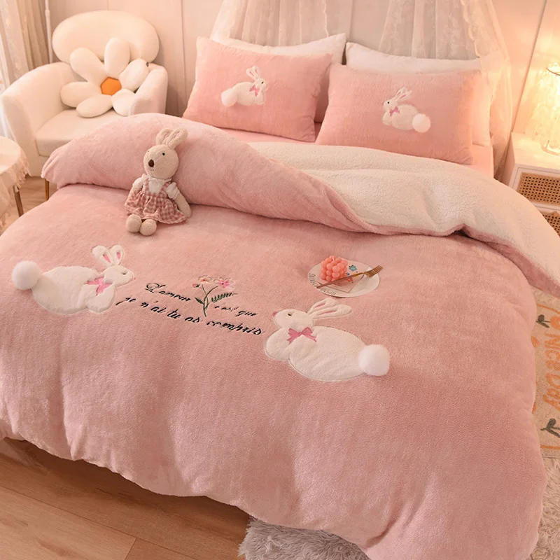 

Luxury Shaggy Velvet + Berber Fleece Princess Girl Bedding Set Rabbit Embroidery Short Plush Duvet Quilt Cover Bed Linen