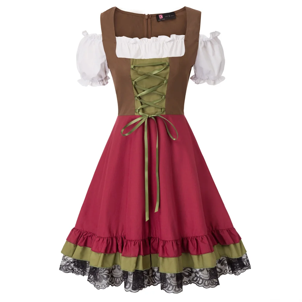 

KK Women 2pcs Set German Bavarian Oktoberfest Costumes Vintage Cold Shoulder Dress+Apron Dress Elegant Party Dresses Robe Femme