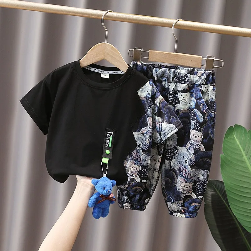 Traje deportivo informal de algodón para niños de 12 meses a 4 años, conjuntos de ropa para bebés, camisetas y pantalones cortos negros, 2 piezas