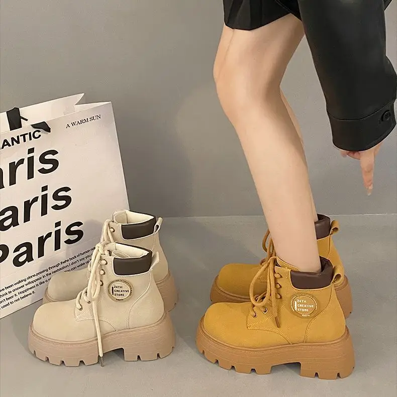 

Женские резиновые ботинки, ботинки с круглым носком, сапоги на платформе, женские ботильоны на шнуровке в стиле «лолита», Осенняя обувь на среднем каблуке в стиле ретро, 2023