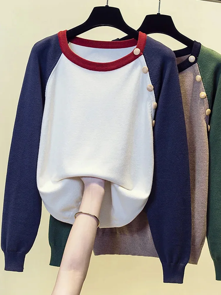 Пуловер женский с круглым вырезом на пуговицах длинным рукавом