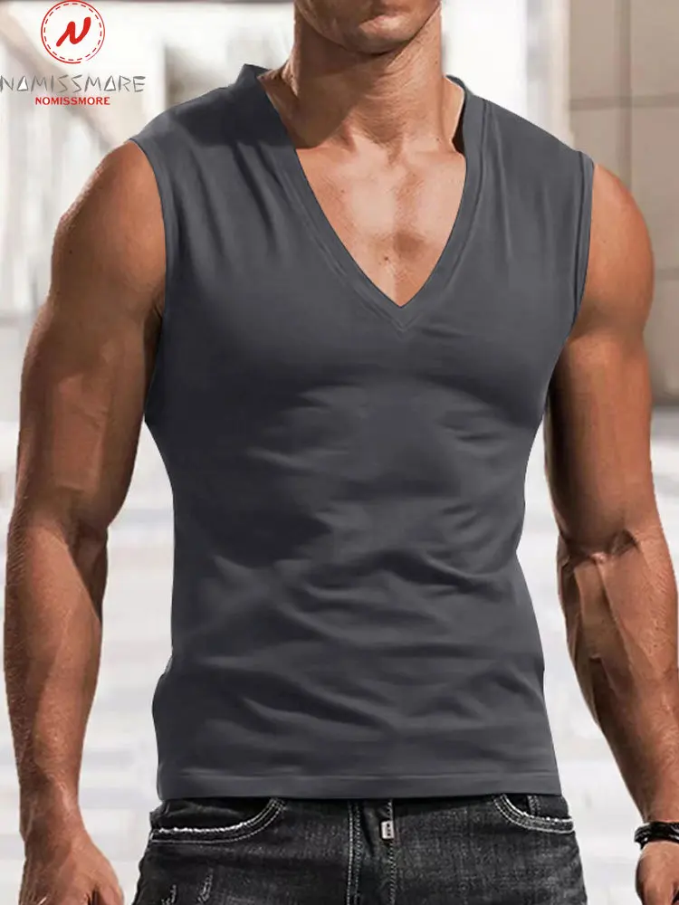 

Fashion Men Summer Solid Color Tanks Patchwork Design V-Neck Sleeveless Casual Breathable Pullovers Top