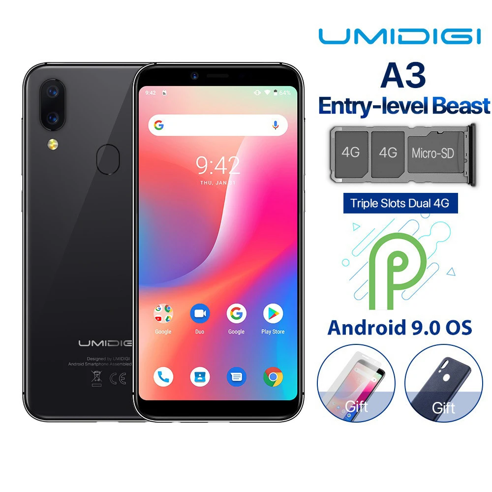 Original UMIDIGI A3 Smartphone Dual 4G LTE Android 8.1 2GB RAM 16GB ROM MTK6739 5.5'' 12MP Dual Back Camera 3300mAh Mobile Phone