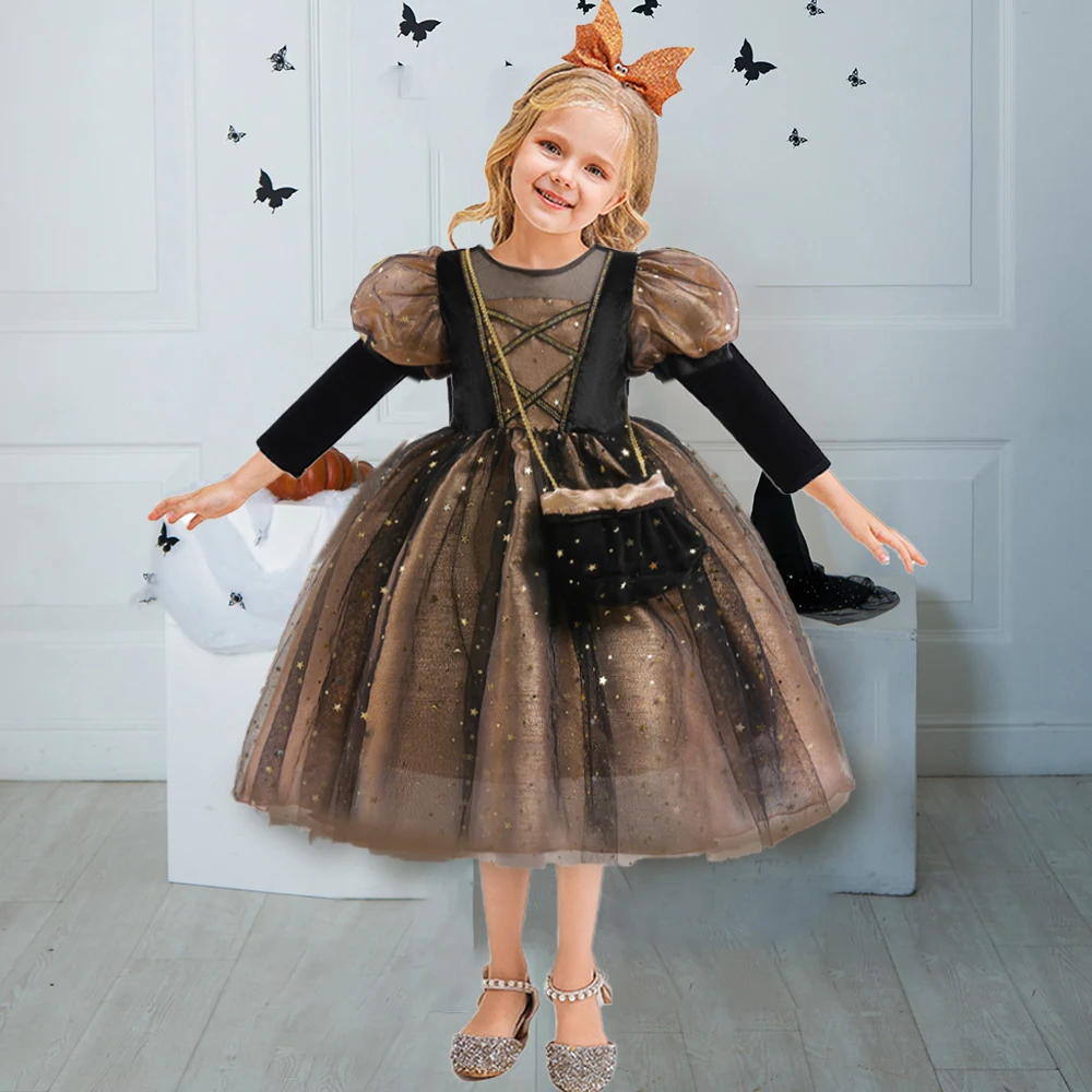 

Sequins Girls Halloween Cosplay Costumes Witch Children Carnival Party Girl Dress Fancy Role Play Prom Tulle Dresses Long Sleeve