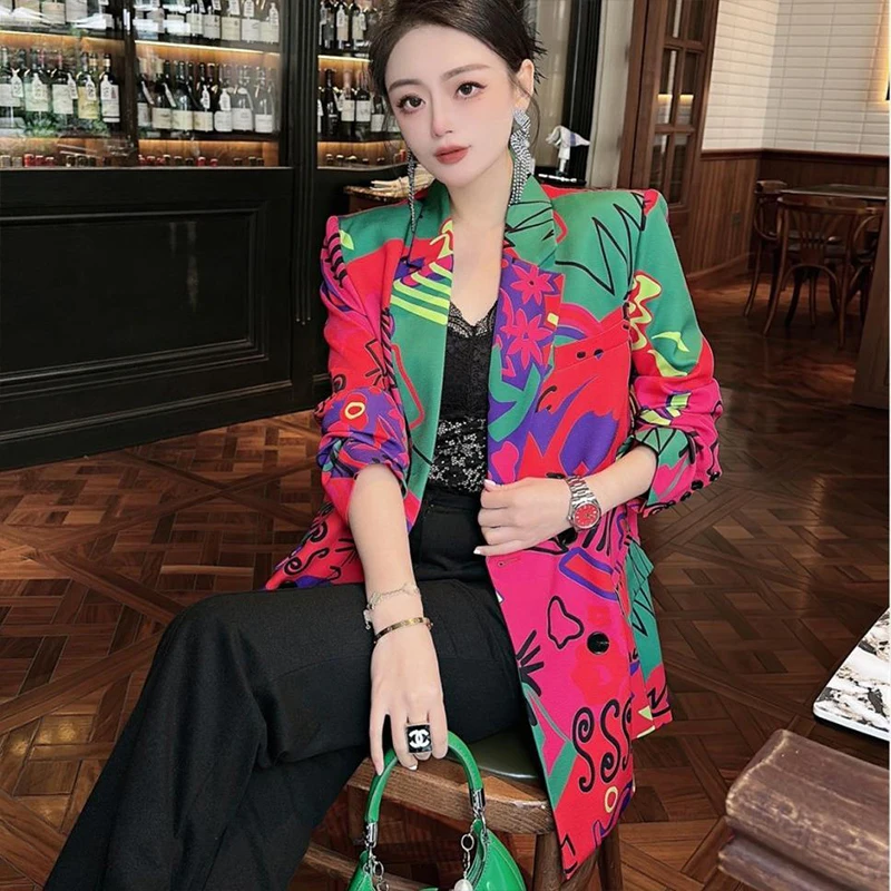 High street style Temperament Printed Suit Jacket 2023 Women Spring New Long-sleeve Casual Bomber fashion Big Size Female Jacket