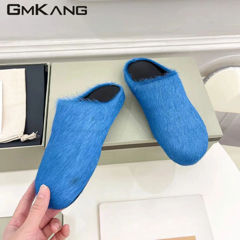 

Horsehair Slippers Women Round Toe Thick Sole Mules Shoes Woman Luxury Fur Flat Slides Ladies Runway Half Slippers Men Woman