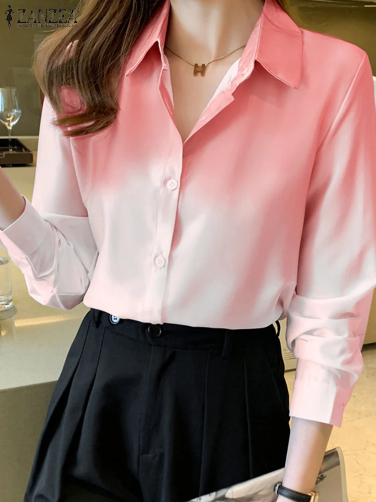 

Осенняя блузка ZANZEA с воротником с лацканами и пуговицами, стильная женская рубашка с длинным рукавом и градиентом, женские повседневные рабочие блузки, рубашка