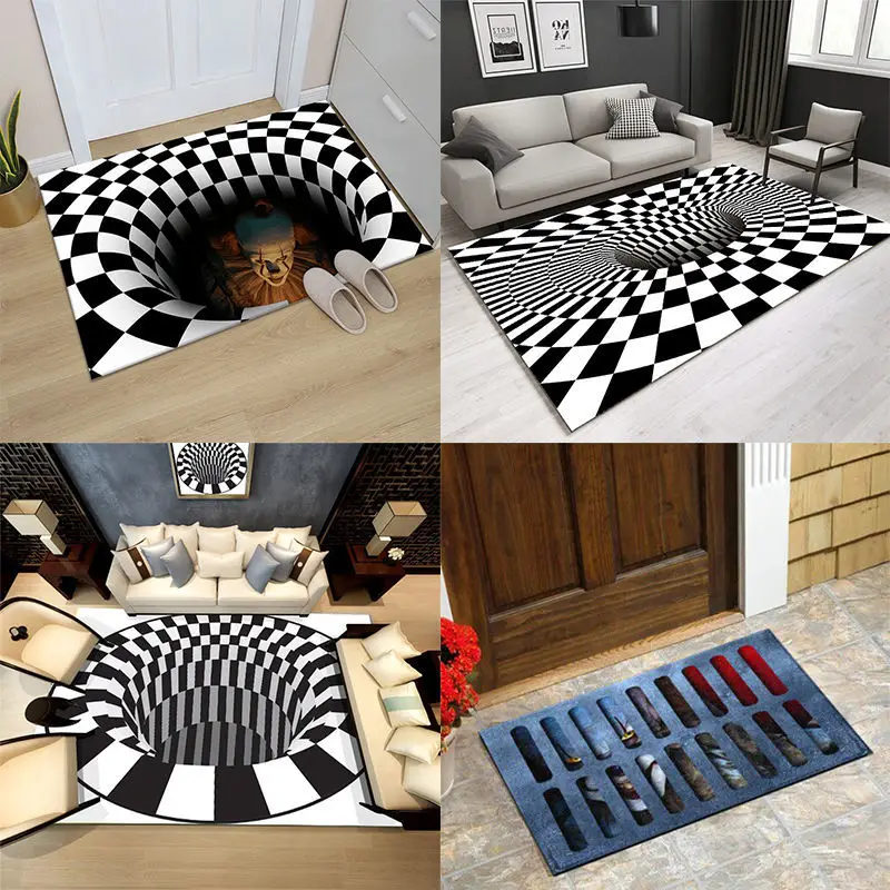 

3D Three-dimensional Vertigo Living Room Illusion Clown Trap Living Carpet Black and White Crystal Velvet Square Floor Mat