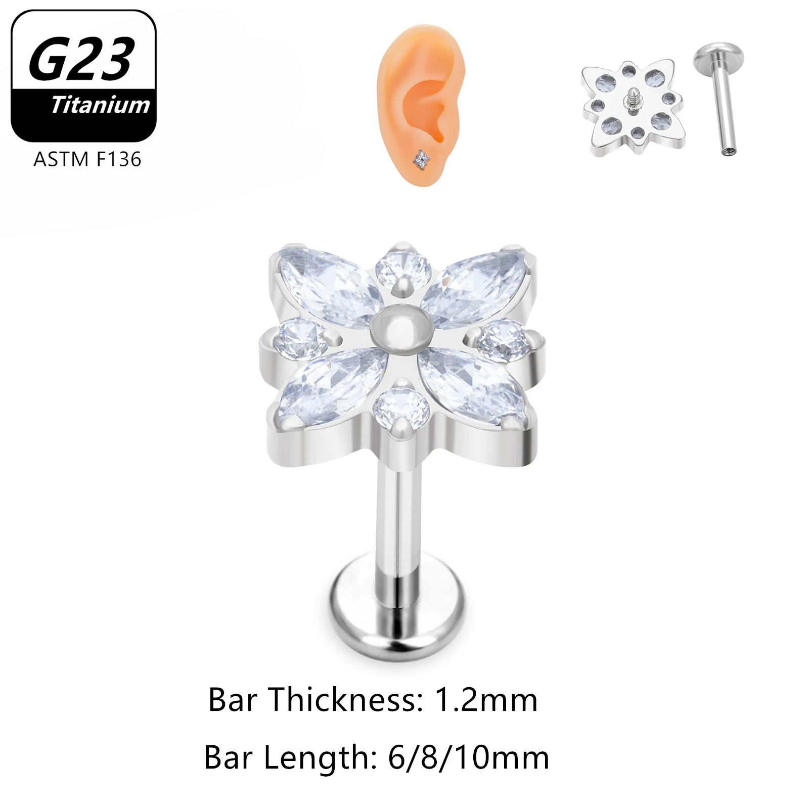 

G23 Titanium Labret Lip Stud Piercings Internally Thread 16G CZ Zircon Cartilage Tragus Helix Jewelry Ear Piercing Studs Body