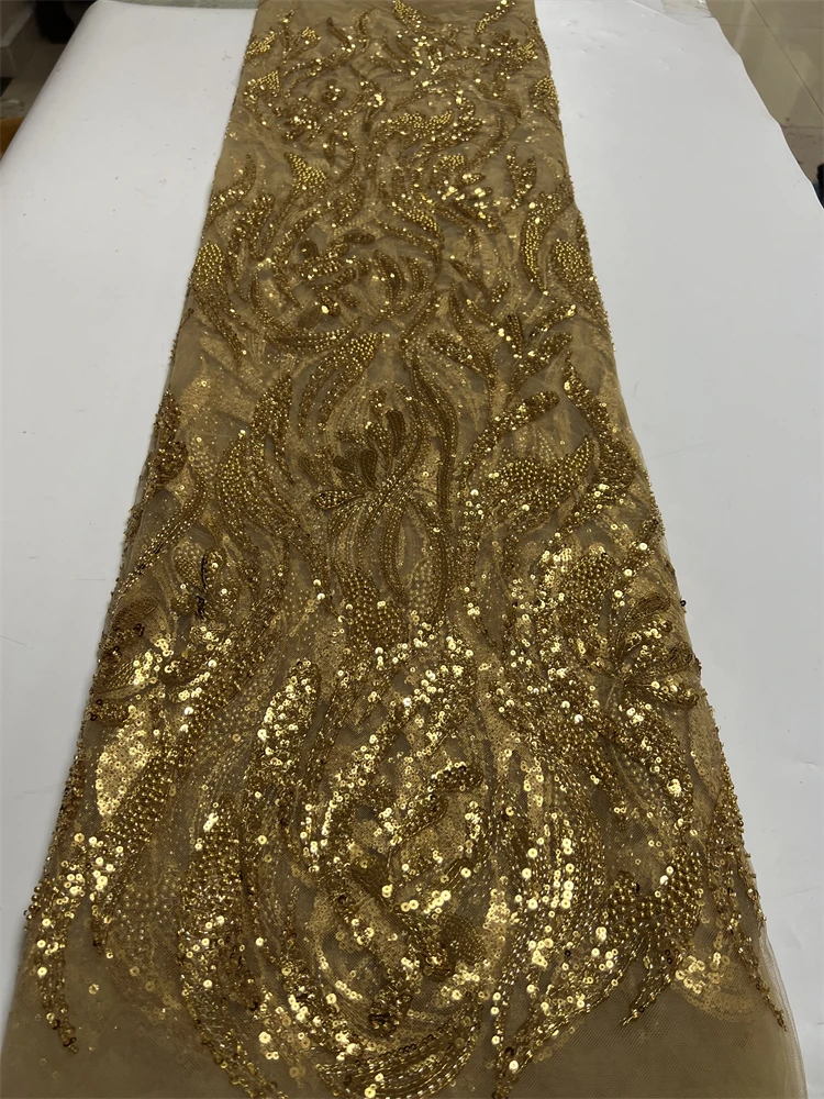 

Элегантная роскошная кружевная ткань с бисером и блестками, Африканское кружево 2023, высококачественное кружево 5 ярдов, нигерийская сетчатая кружевная ткань для вечернего платья