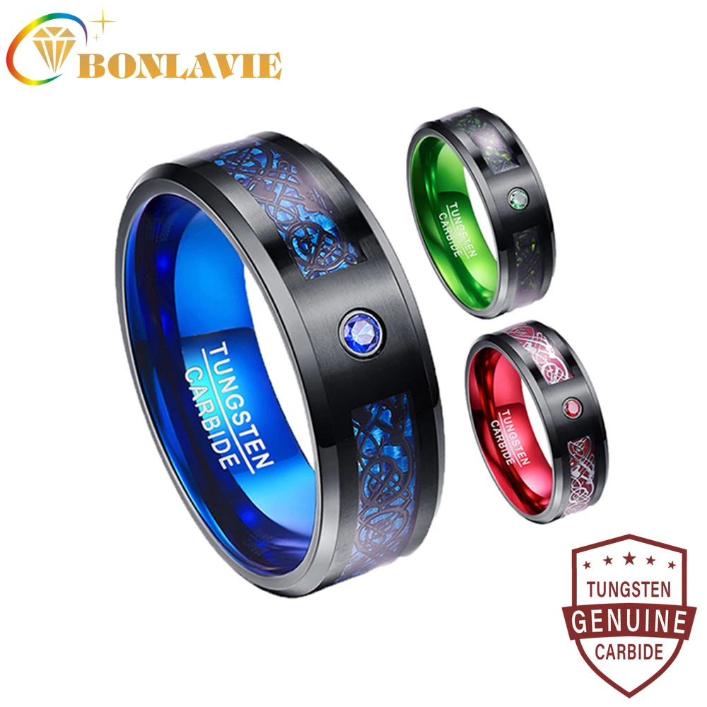 BONLAVIE 8mm Men's Ring Tungsten Carbide Ring Wedding Band Celtic Dragons Red Green Blue Carbon Fiber Tungsten Ring Size 6-16