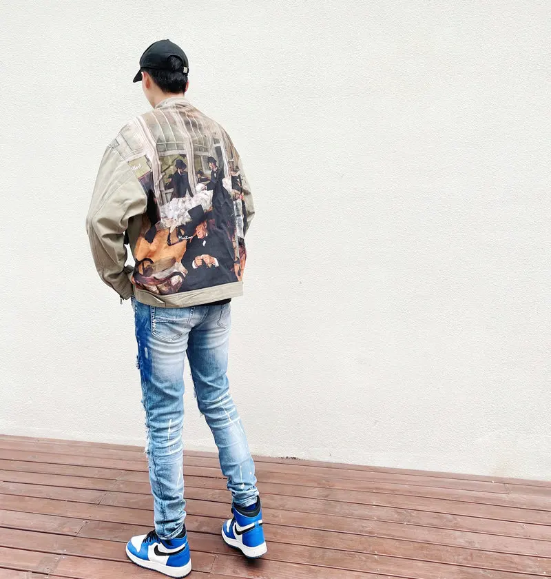 Fashion Streetwear Men Jeans Retro Blue Stretch Elastic Painted Slim Ripped Jeans Men Patch Designer Brand Hip Hop Pants Hombre