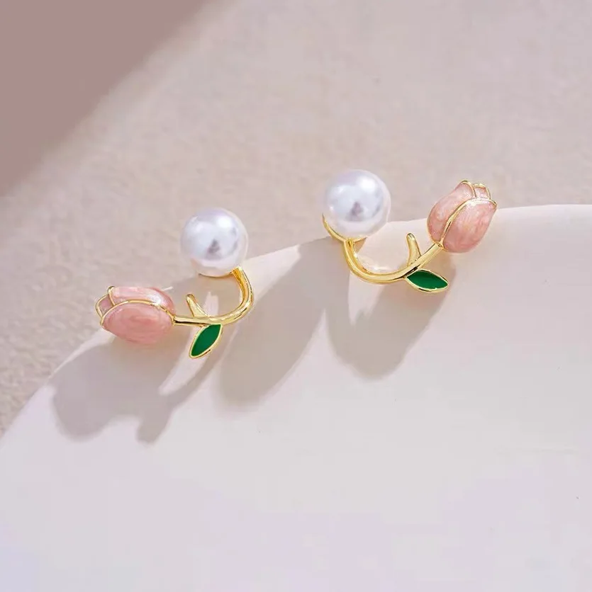 

French Light Luxury Pink Tulip Flower Pearl Stud Earrings For Women Korean Zircon Exquisite Earring Party Christmas Jewelry Gift