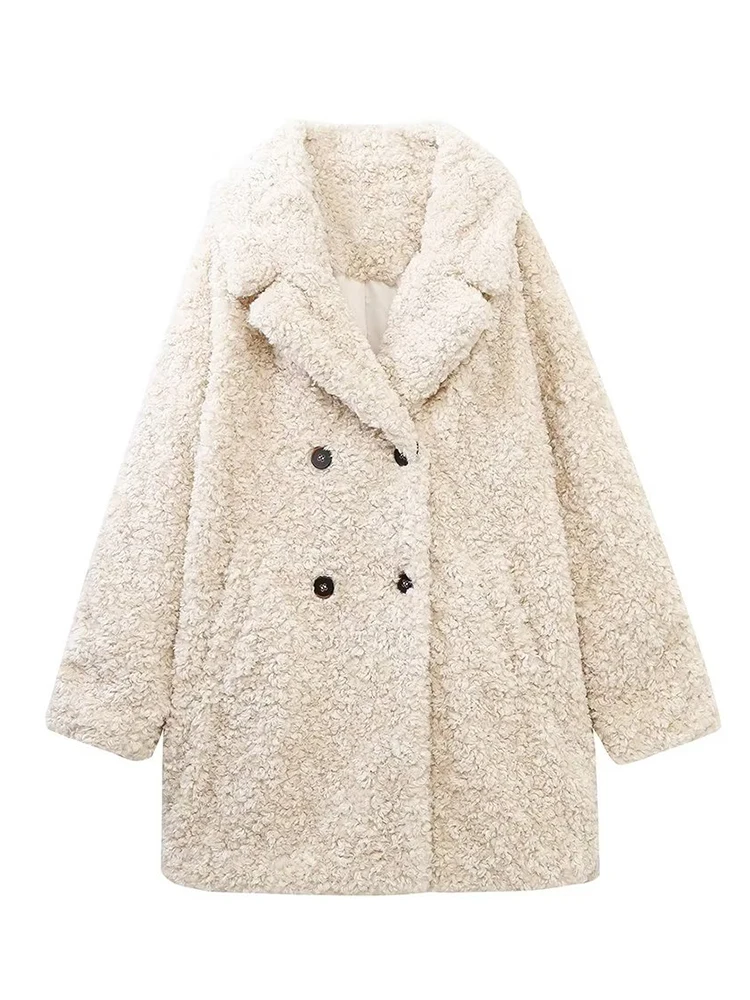 YENKYE 2022 Winter Women Beige Faux Fur Coat Long Sleeve Warm Thick Elegant Female Overcoat