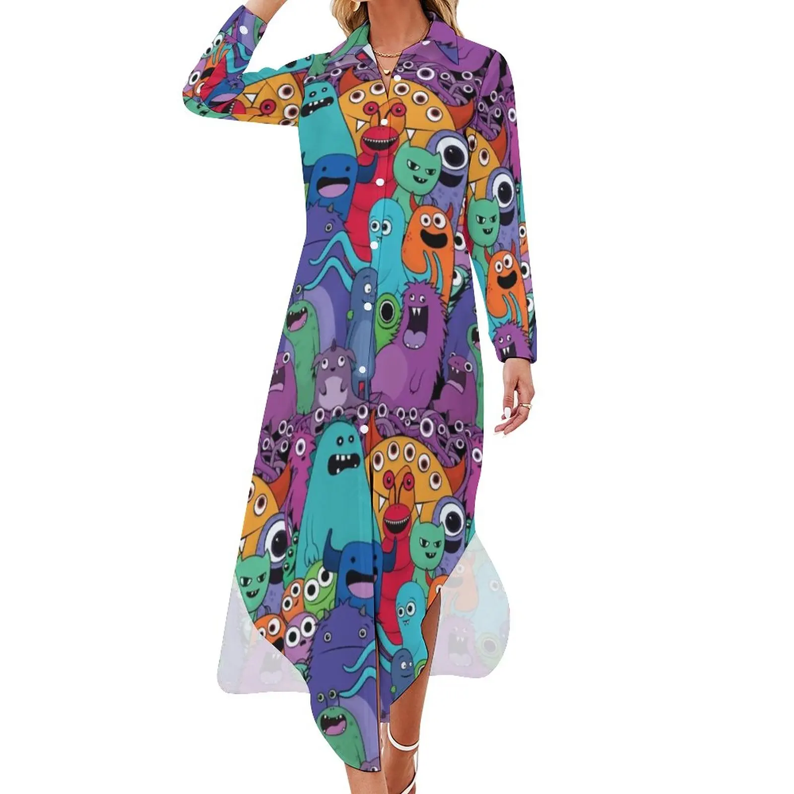 

Spooky Halloween Chiffon Dress Cute Monster Gang Cute Dresses Female Long Sleeve Aesthetic V Neck Graphic Oversized Casual Dress