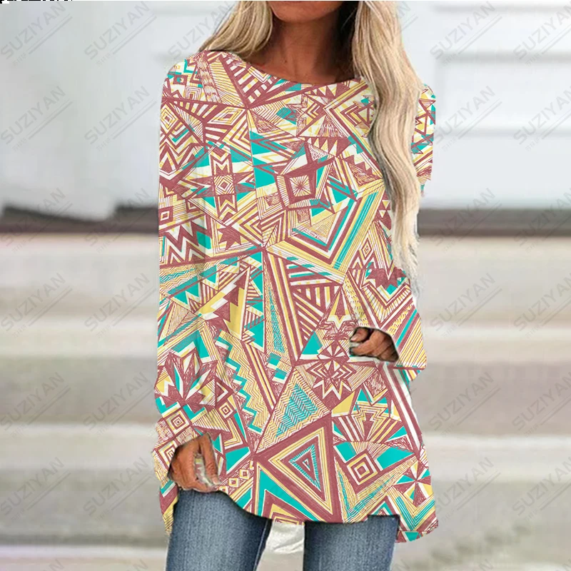 

2023 Hot Selling Women's Raglan Sleeve Dress Vintage Brown Round Neck Long Sleeve Print Top Street Loose Relaxed Oversized Top