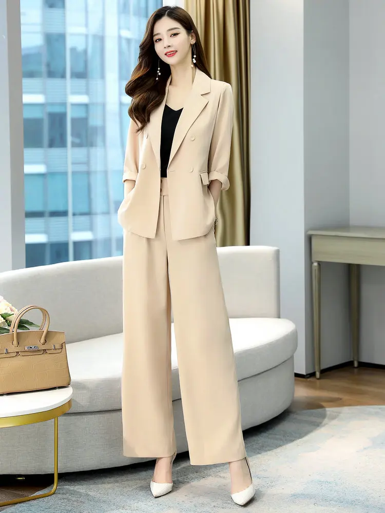 2022 Spring Office Lady Elegant Blazer And Pant Suits Sets Black Khaki Smart Casual Double-breasted Coat And Trouser Twinset New