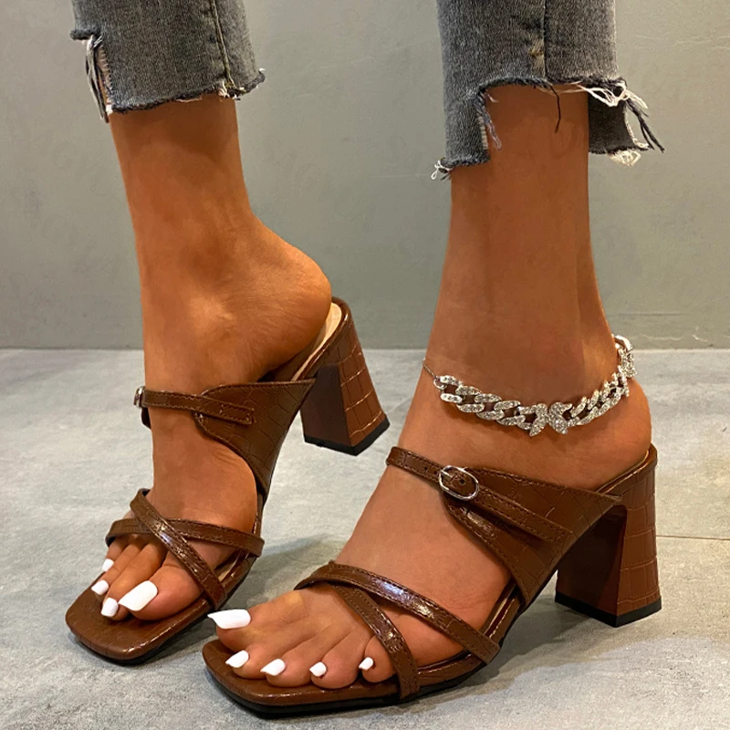 

Women Chunky Slippers High Heels Mules Shoes Summer 2022 New Thick Sandals Fashion Pumps Women Shoes Party Dress Ladies Slides