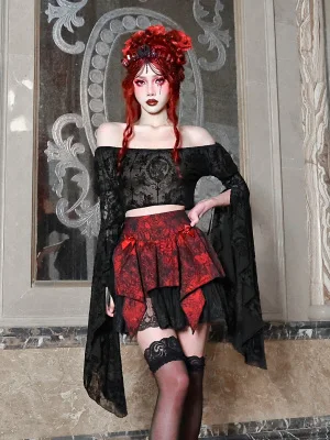 Женская Жаккардовая юбка с высокой талией красная и Черная кружевная бантом в