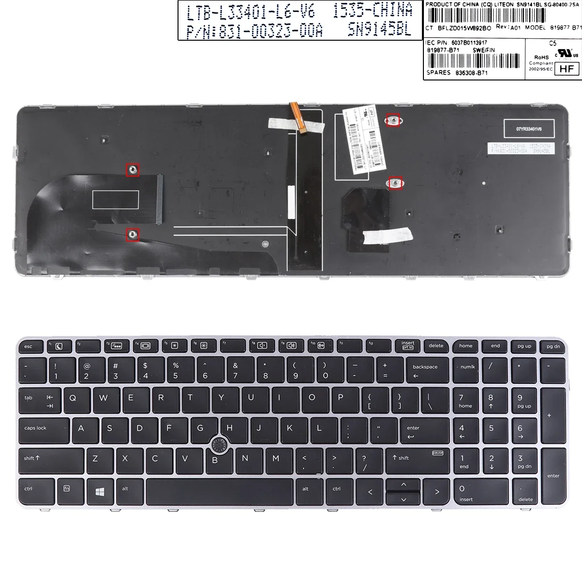 

US QWERTY Replacement Keyboard For HP EliteBook 755 G3 850 G3 850 G4 ZBook 15u G3 G4 Silver Frame Black With Backlit & Point