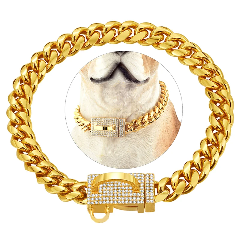Metal Bling Diamond Necklace Gold Dog Collar Choker Design Secure Buckle Stainless Steel Dogs Collar for Small Medium Large Dogs