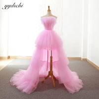 charming pink homecoming dresses short front long back tulle tiered sweep train strapless cocktail graduation party prom gowns
