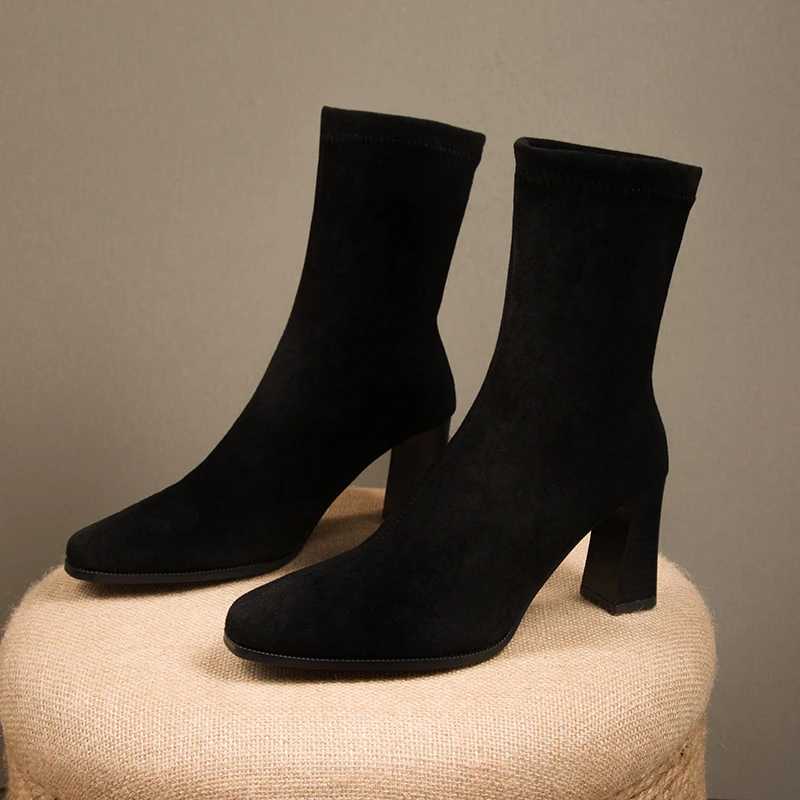 

Autumn New Fashion Women Boots Pointed Toe Elastic Ankle Boots Suede Thick Heel Shoes Female Socks Boots Bota Feminina