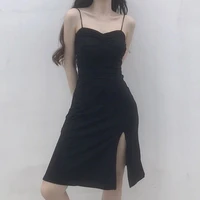 female new fashion pleated slit sexy suspender dress summer waist slim mid length black dress womens elegant bottoming dress