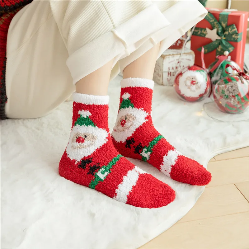 Winter New Korean Coral Fleece Floor Half Fleece Women's Striped Christmas Tree Socks