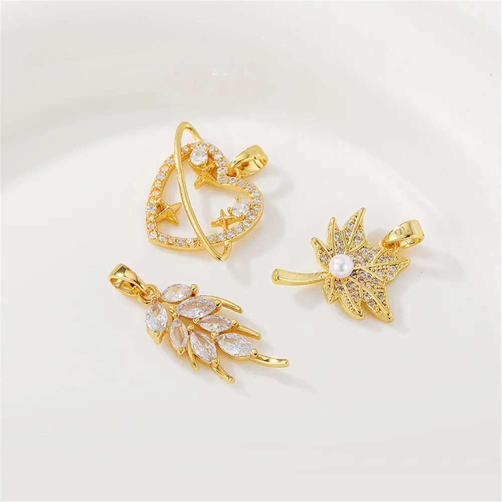 

1pcs 18K Gold Color Zirconium Maple Leaf Wheat Ear Heart Pendant Handmade DIY Bracelet Necklace Jewelry Material Accessories