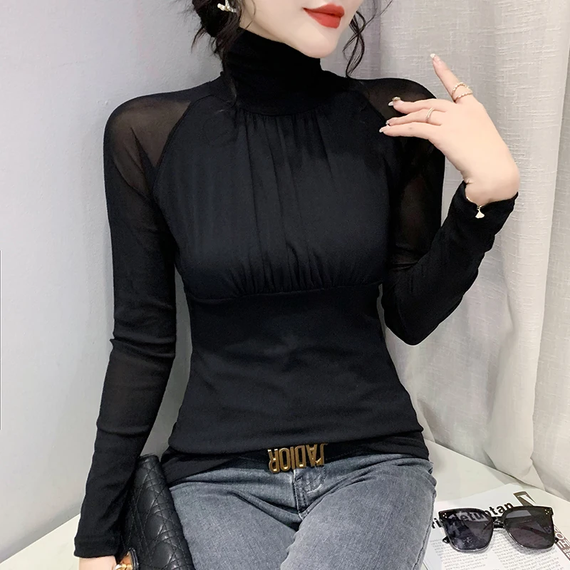 

New Korean Fashion Casual Mesh See-through Splicing Hot Fix Woman Tshirts Women Sexy Tops Female Ladies Slim Clothes BPy9336