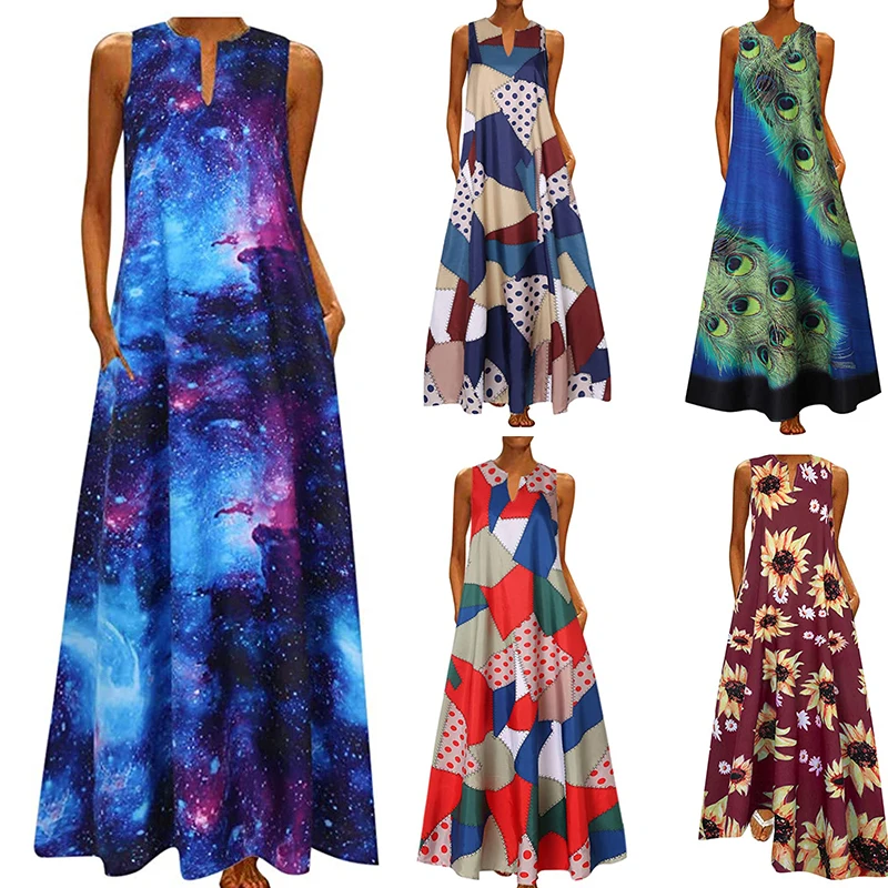 

2022 New Summer V-neck Dress Women Chrysanthemum Print Party Long Dress Fashion Sleeveless Dresses Loose Temperament Robe