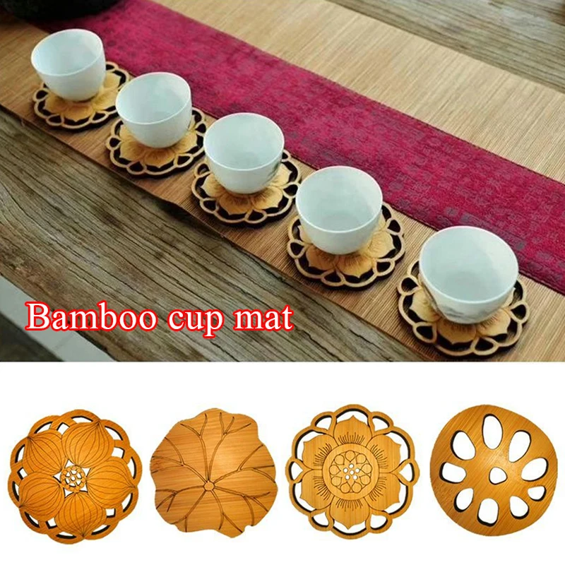 

Tea Coffee Cup Pad Placemat Decor Bamboo Engraved Coaster Durable Heat Resistant Lotus Leaf Shape Drink Mat Bowl Teapot Tablewar