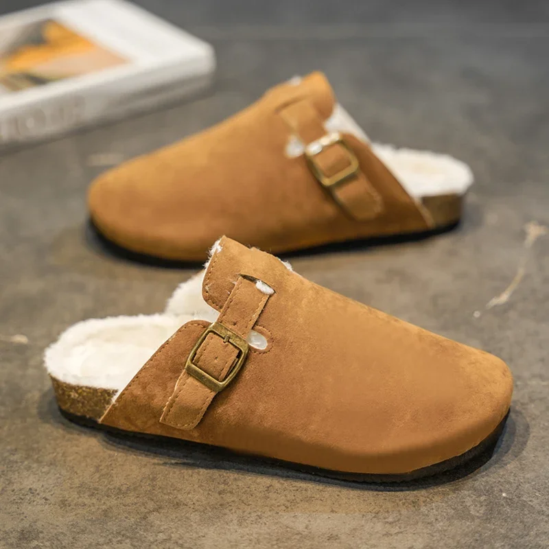 Зимние меховые сабо для мужчин и женщин плюшевые классические пробковые тапочки