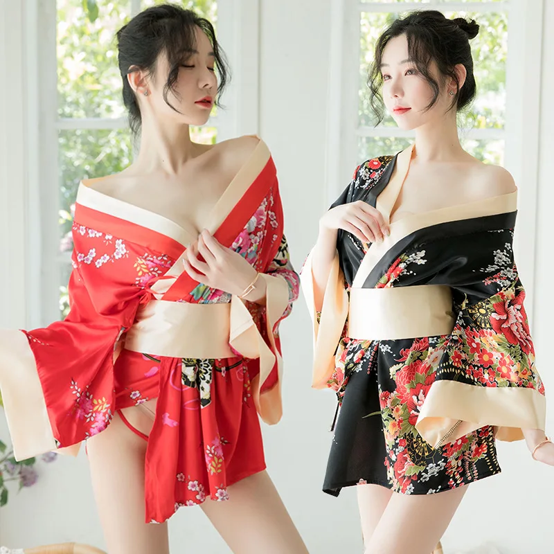 

Japanese printing Girl Kimono Dress Obi for Women Kawaii Yukata Sexy Long Robe Floral Female Chiffon Japan Style Pajamas Party
