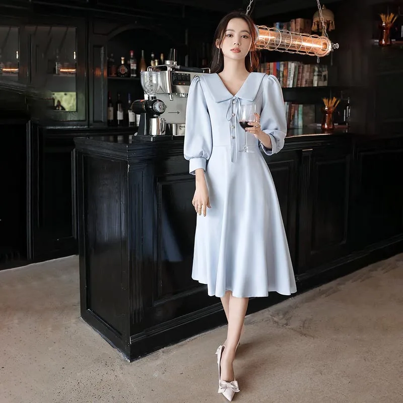 

Sky Blue Deep V-Neck Evening Dress Elegant Half Sleeves Knee-Length Simple Pleat A-Line Satin New Woman Formal Party Gown A2537