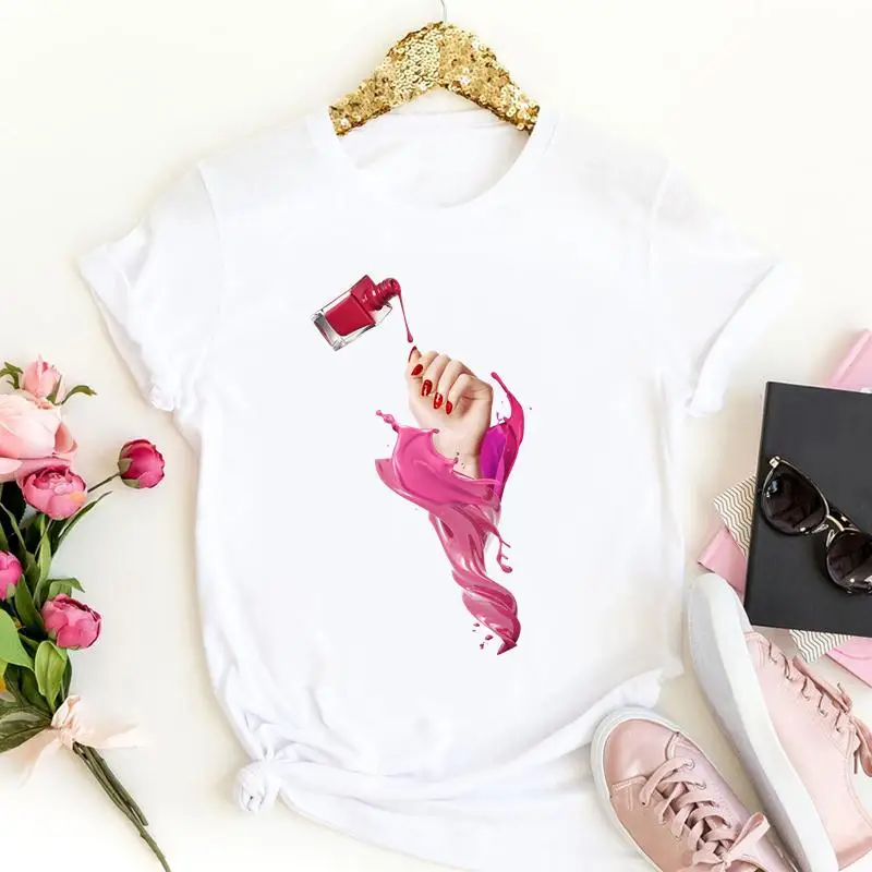 

Women Tees Nail Art Fingernail 90s Trend Ladies Fashion Short Sleeve Summer Female Clothes Tshirts Tops Cartoon Graphic T-Shirt