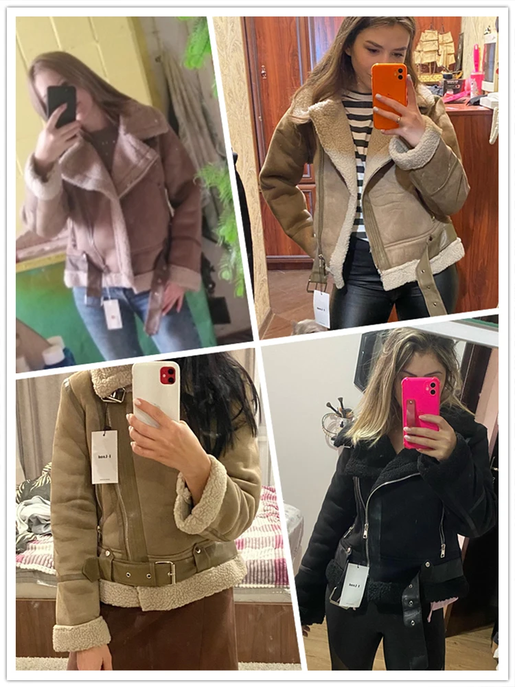 New Winter Women Thick Warm Faux Lamb Leather Jacket with Belt Streewear Suede Turndown Collar Moto Biker Coat Outwear Leather